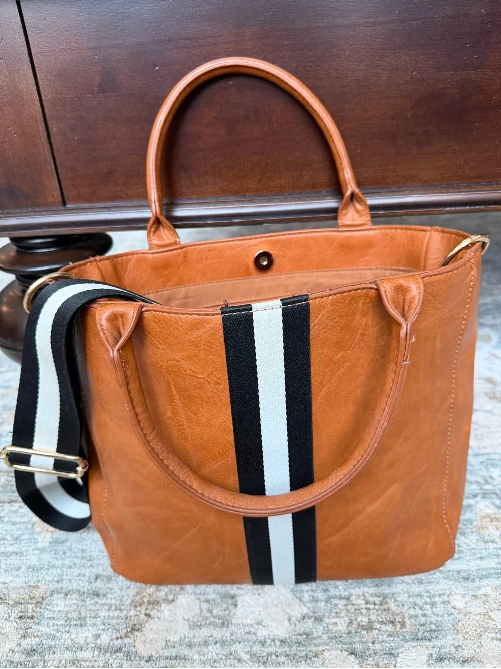 Socialthreads Tan Leather Tote Bag with Black & White Stripe Shoulder Strap